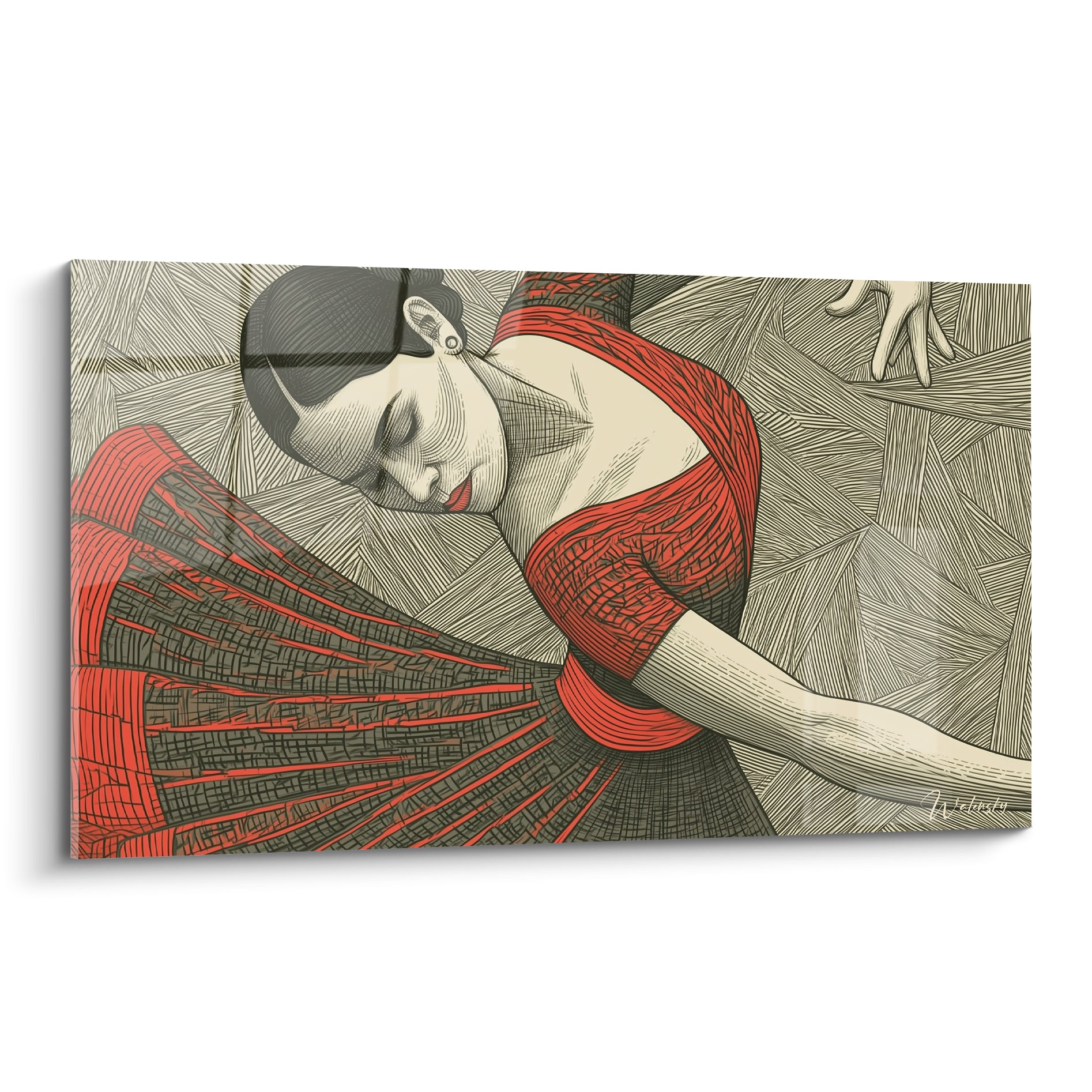 Danseuse abstrait en robe rouge inclinée sur fond beige gravé aux lignes anthracite fines