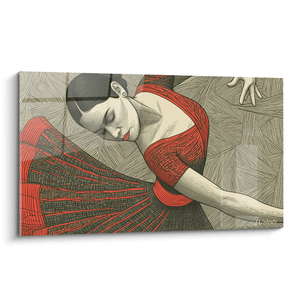 Red and Beige Dancer Painting with Engraved Features - Reverence Suspended - Abstract Dancer Edition