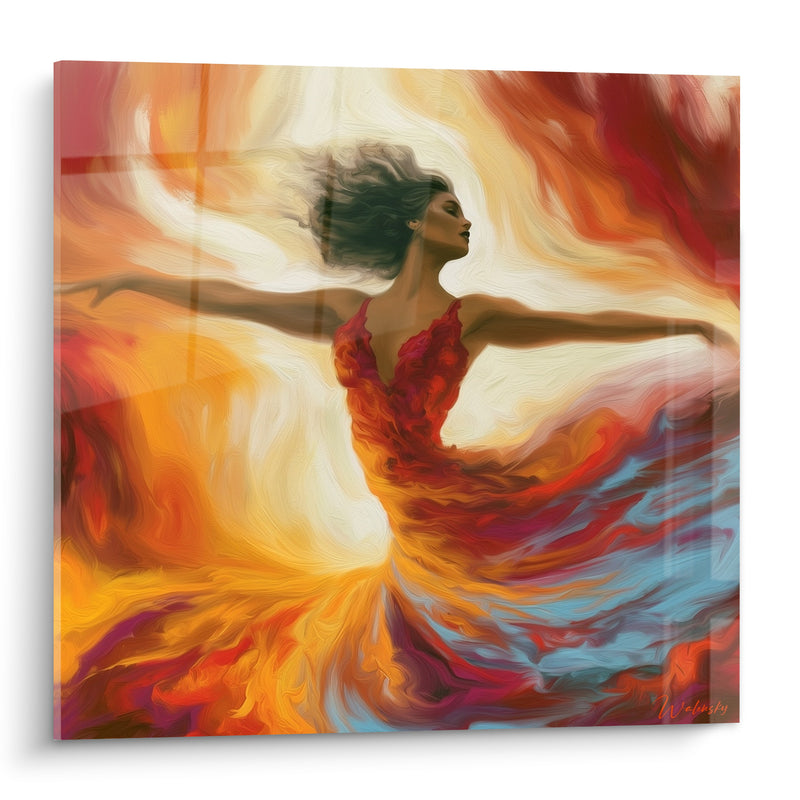 Tableau Danseuse en robe rouge et orangée - Envolée flamboyante - Edition Danseuse abstrait