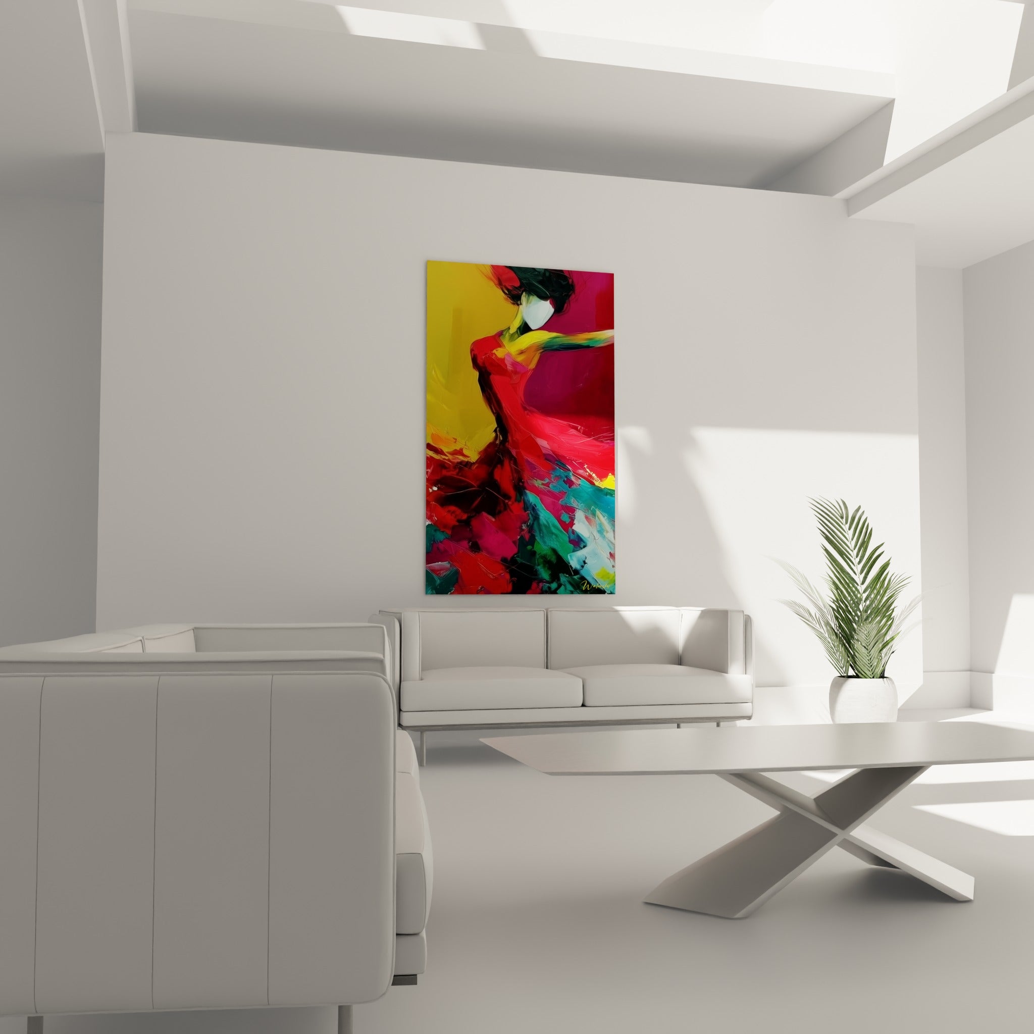 Figure féminine en robe rouge et jaune dans un tourbillon de tissu, au-dessus d'un canapé dans un salon lumineux