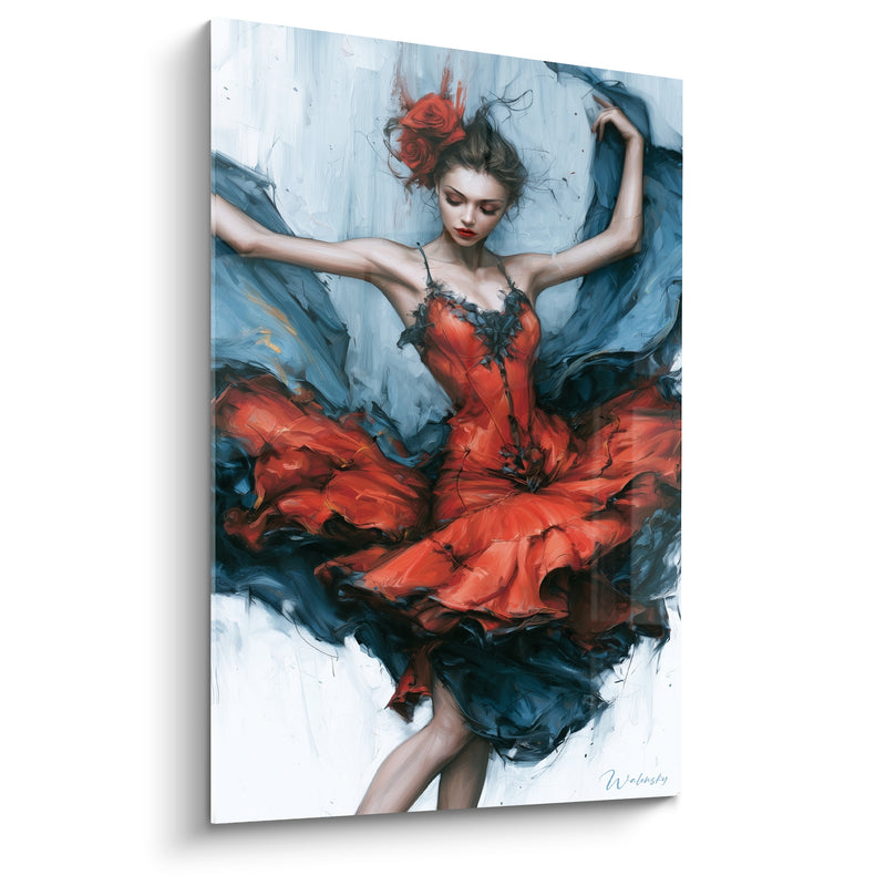 Tableau Danseuse robe rouge et bleu pétrole - Tourbillon de passion - Edition Danseuse abstrait