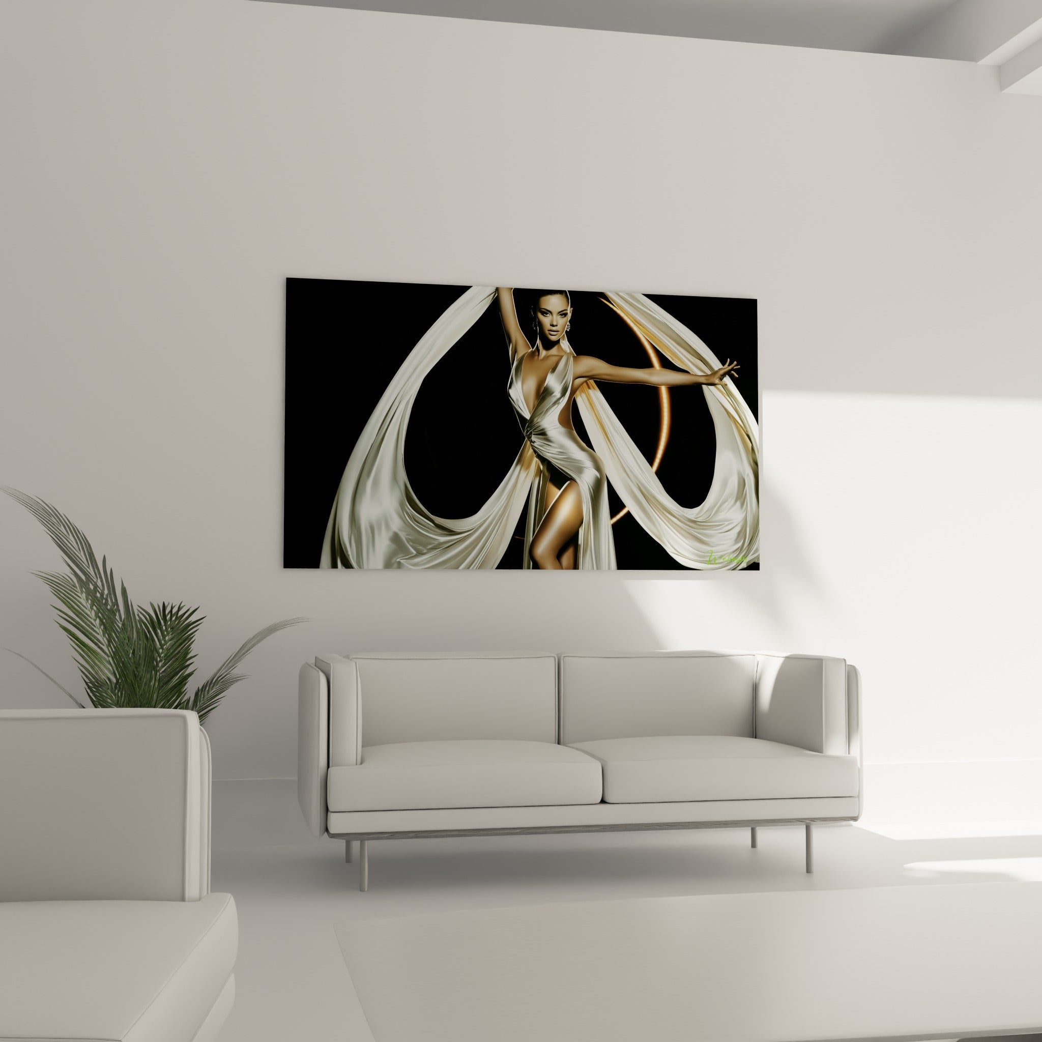 Danseuse abstrait en robe satinée blanche et cercle doré, posture élancée, au-dessus d'un canapé dans un salon lumineux