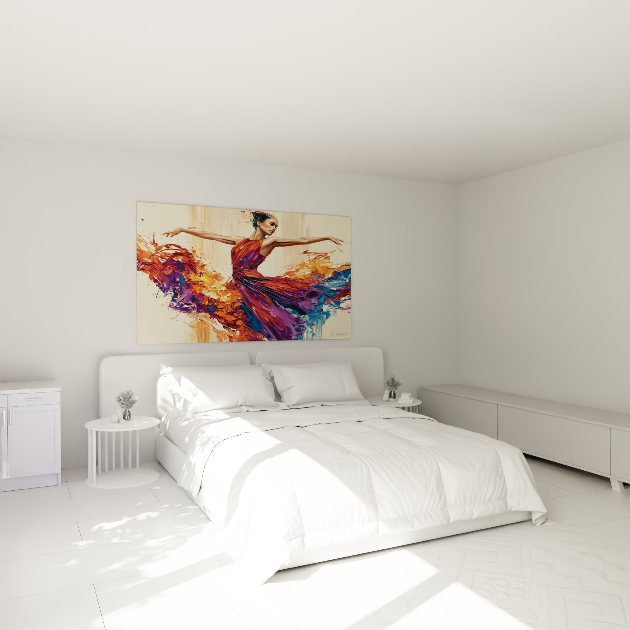 Silhouette dansante aux teintes orange et violettes déployée au-dessus d'un lit dans une chambre claire