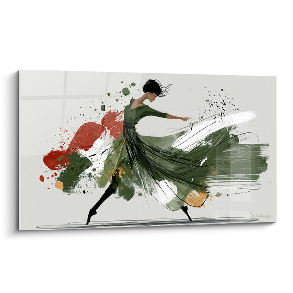 Painting Ballerina in Green Dress and Red Splashes - Vertical Momentum - Ballerina Abstract Edition
