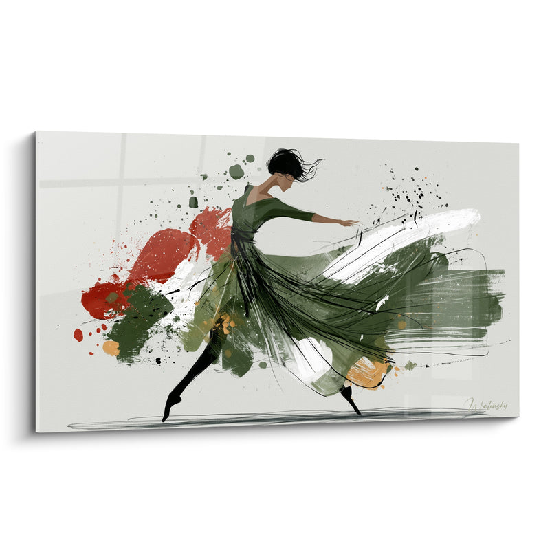 Tableau Danseuse en robe verte et éclaboussures rouges - Élan vertical - Edition Danseuse abstrait