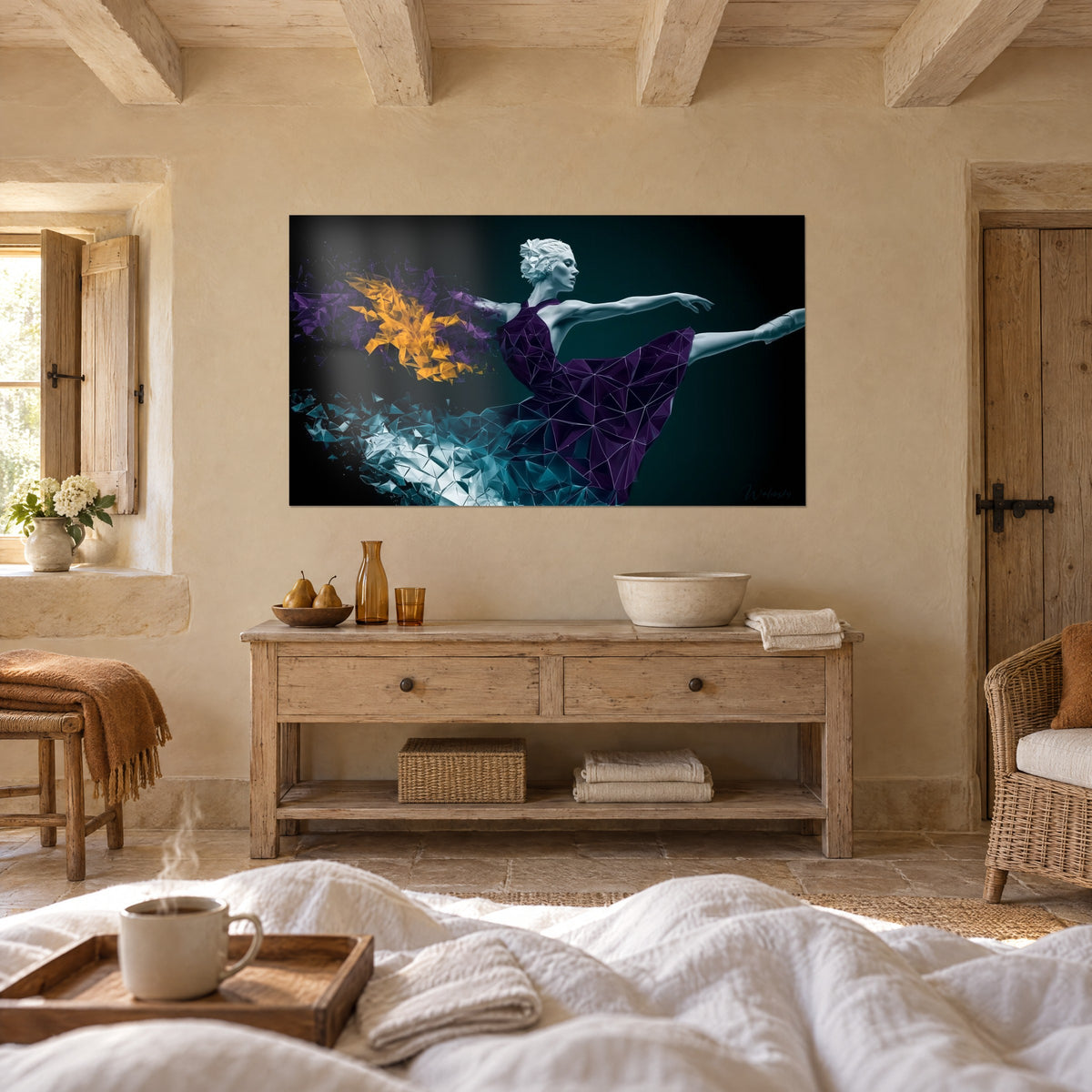 Schilderij ster van het ballet bevroren in een grand jeté, rok van turquoise kristallen en oranje wervelende sleep, boven een bed in een lichte slaapkamer