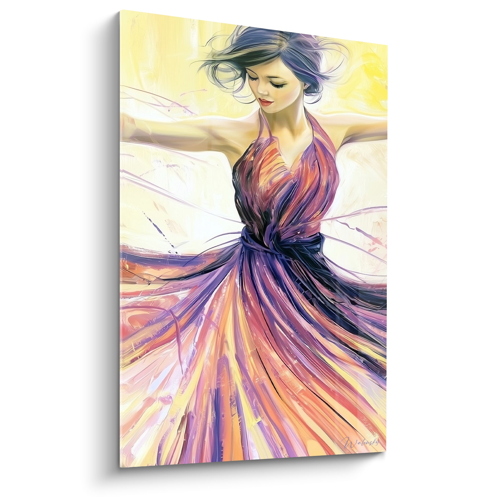 Danseuse abstrait aux teintes violettes et orangées, robe tourbillonnante sur fond jaune pâle