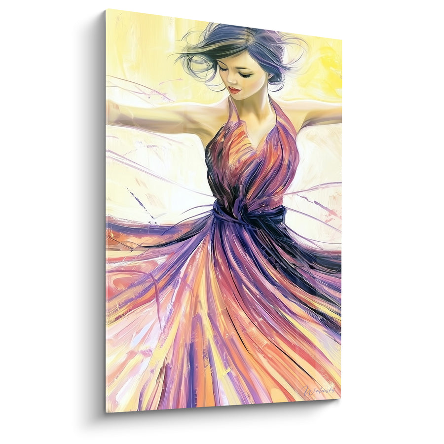 Tableau Danseuse robe violette et corail striée bras écartés - Chevelure au vent - Edition Danseuse abstrait