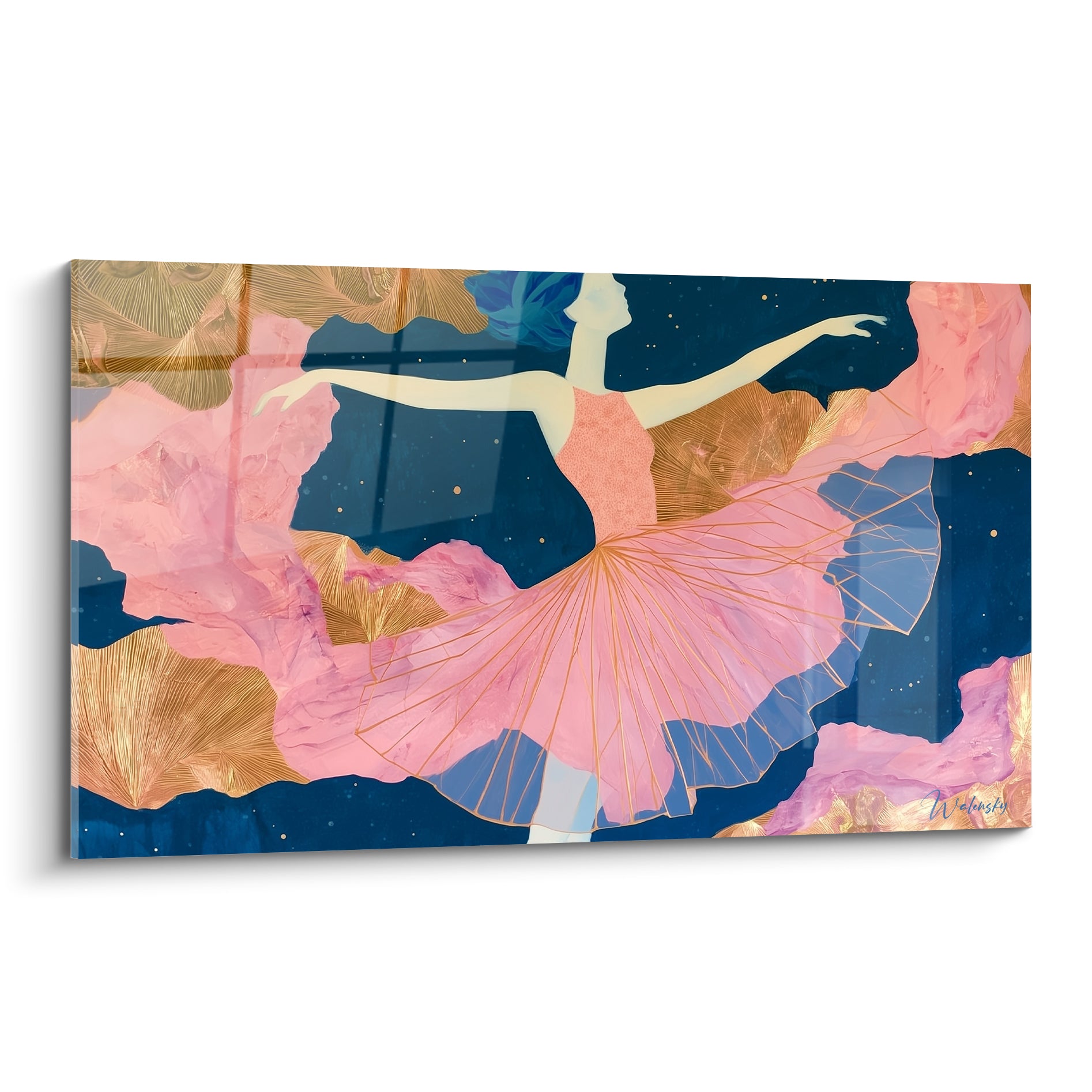 Danseuse abstraite en tutu rose, envolée dorée sur fond bleu marine étoilé