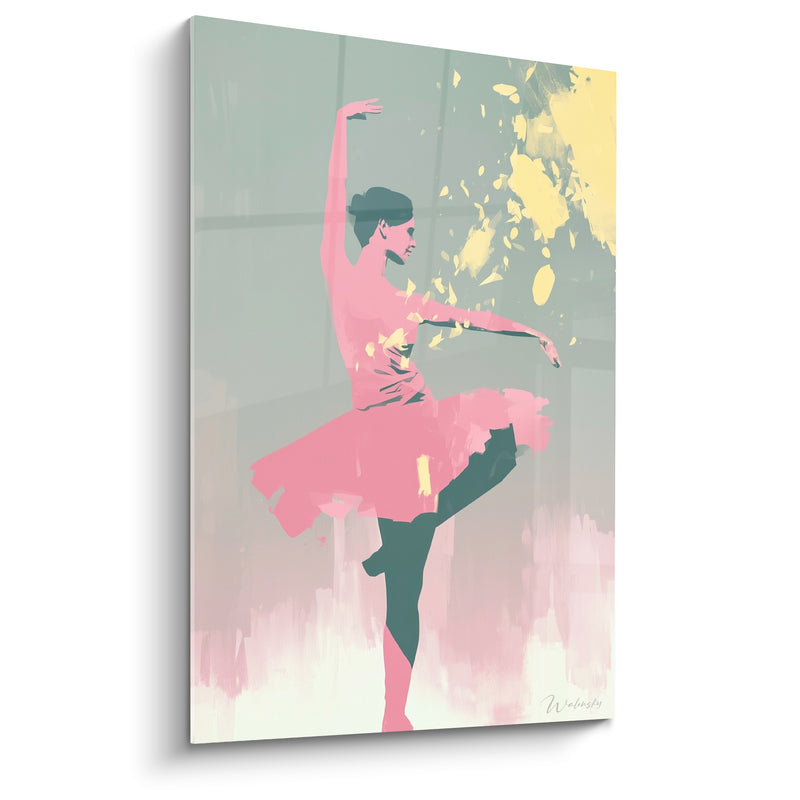 Tableau Ballerine rose et jaune pâle éclaboussures dorées - Jambe repliée en équilibre - Edition Danseuse abstrait