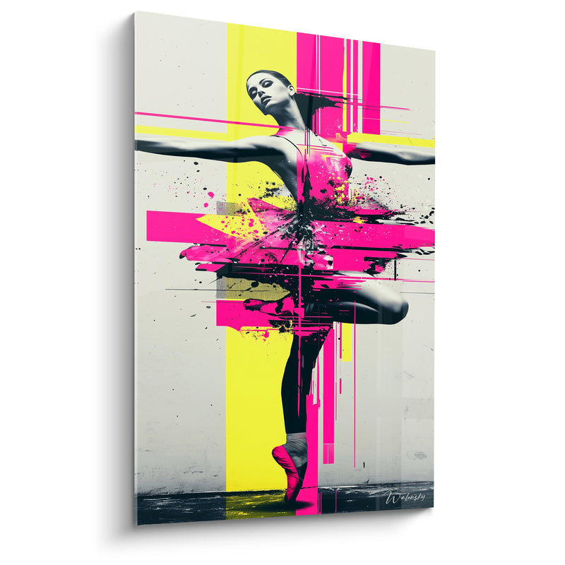 Tableau Danseuse tutu rose et jaune éclaboussé genou replié - Bandes verticales fluorescentes - Edition Danseuse abstrait