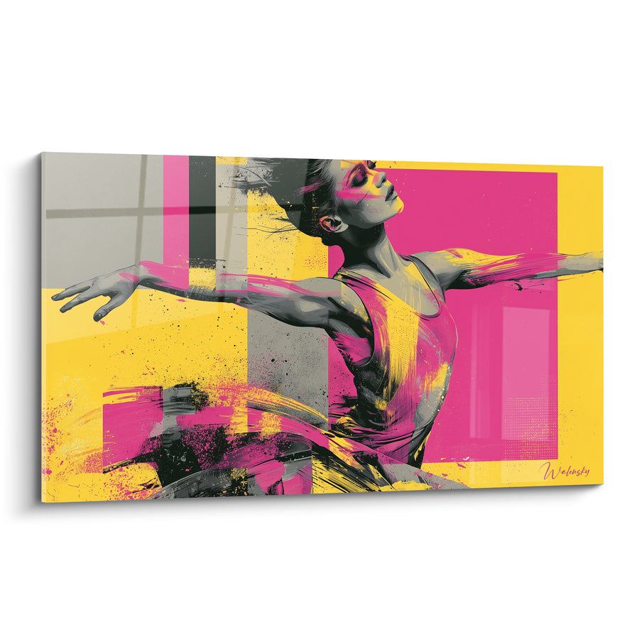 Tableau Danseuse rose et jaune aux carreaux fenêtrés - Visage renversé profil - Edition Danseuse abstrait