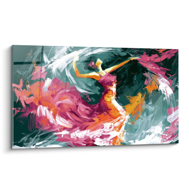 Tableau Danseuse robe magenta et orange fond sarcelle tourbillonnant - Bras levé vers l'arrière - Edition Danseuse abstrait