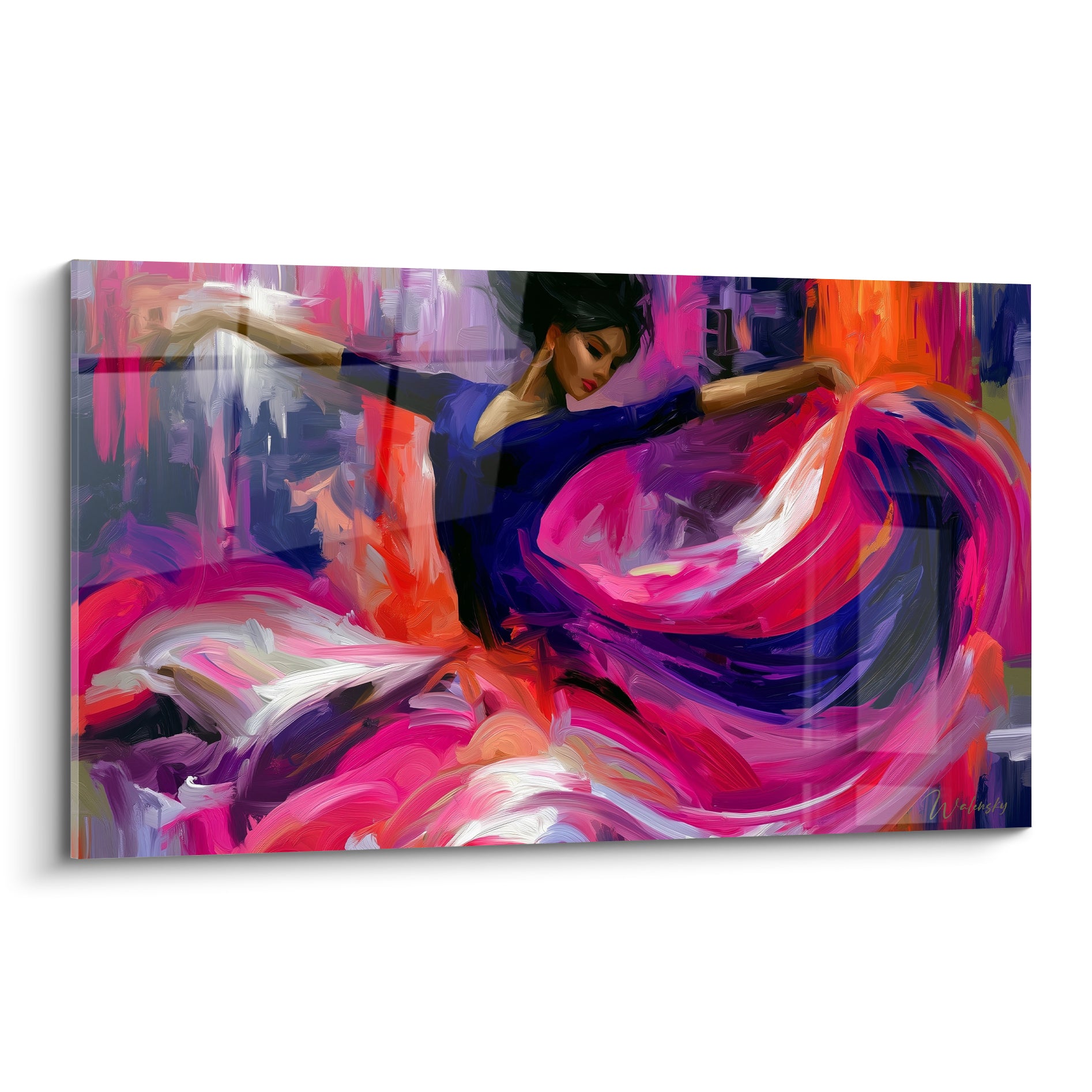 Danseuse abstraite en robe rose fuchsia et violette, corsage bleu marine, mouvement tourbillonnant peint