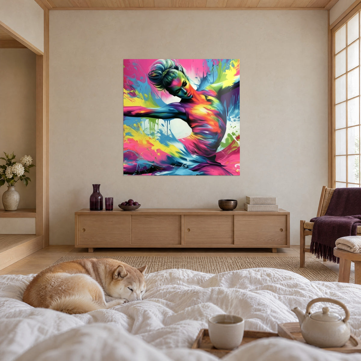 Cuadro bailarina en movimiento mezclando rosa vivo y amarillo sol, brazo desplegado, encima de una cama en un dormitorio claro