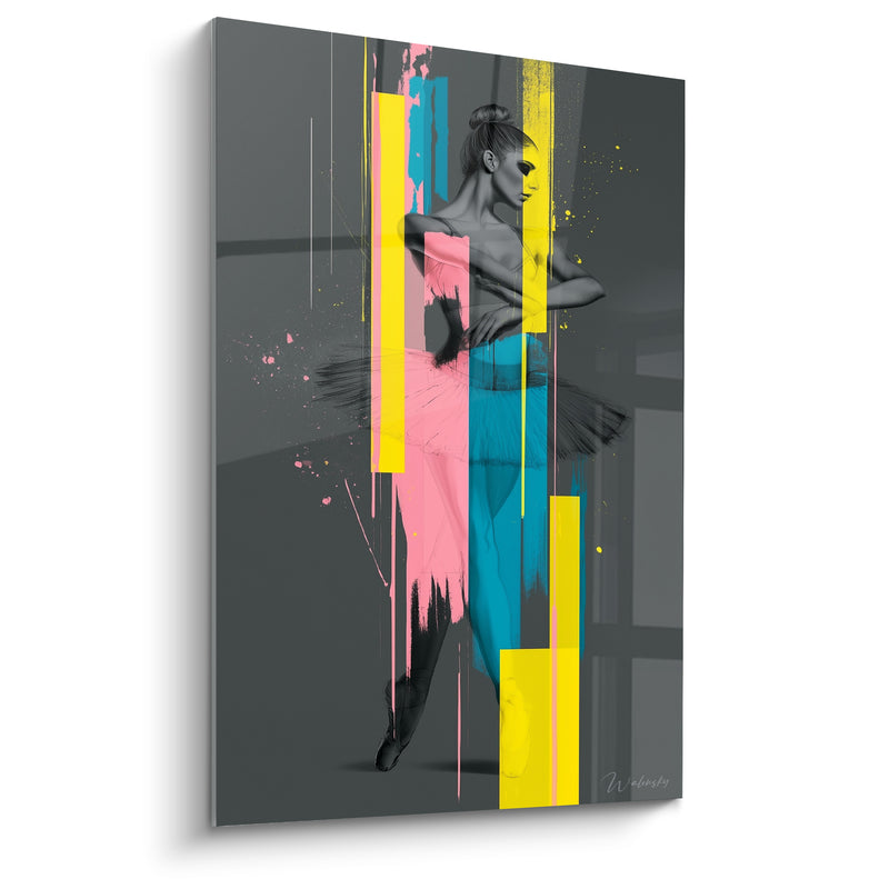 Tableau Ballerine tutu rose et bandes jaunes verticales - Chignon serré profil - Edition Danseuse abstrait