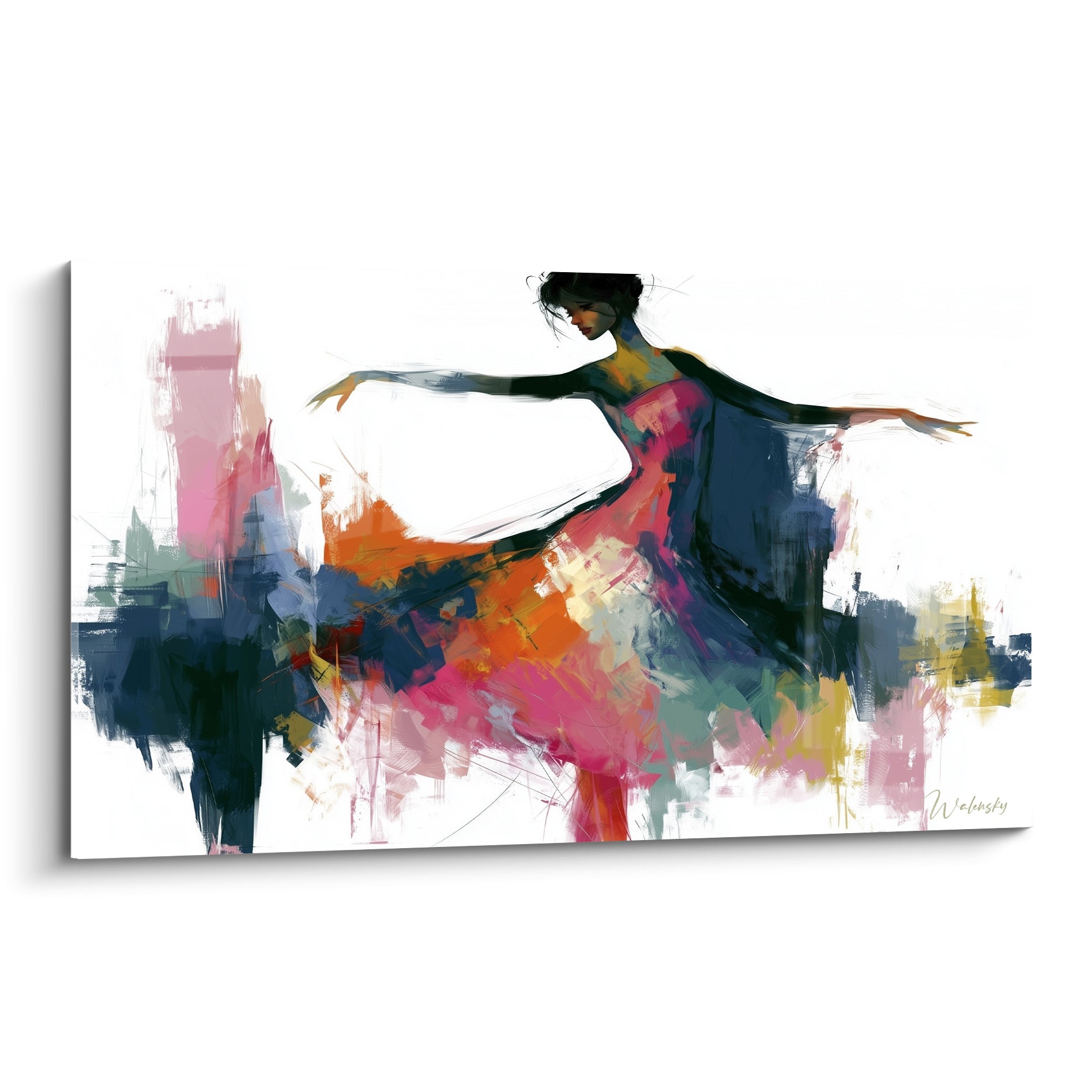 Danseuse abstrait aux bras ouverts, jupe rose et orangée, buste bleu marine sur fond blanc
