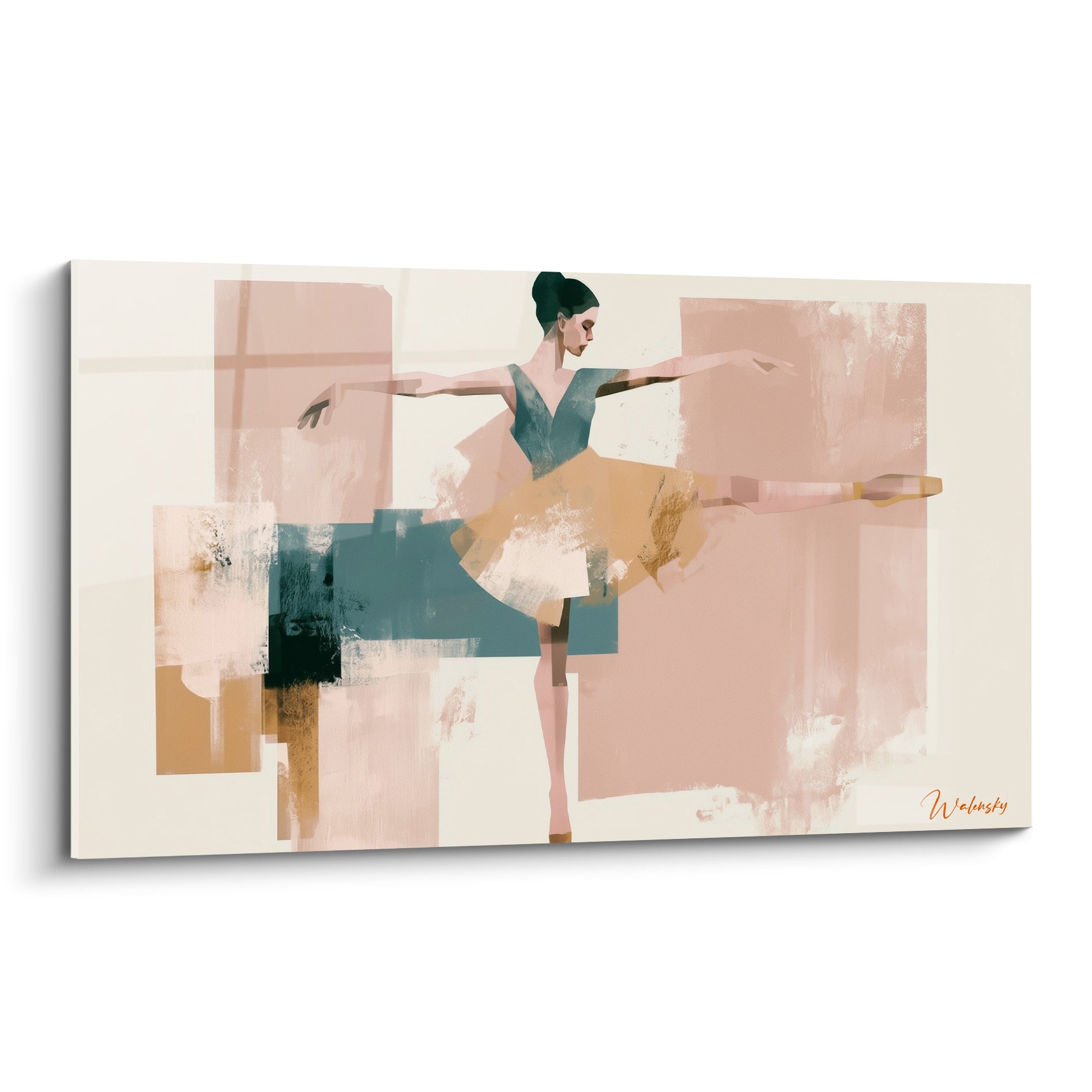 Danseuse abstraite en arabesque, tons rose poudré et bleu canard, composition graphique en aplats