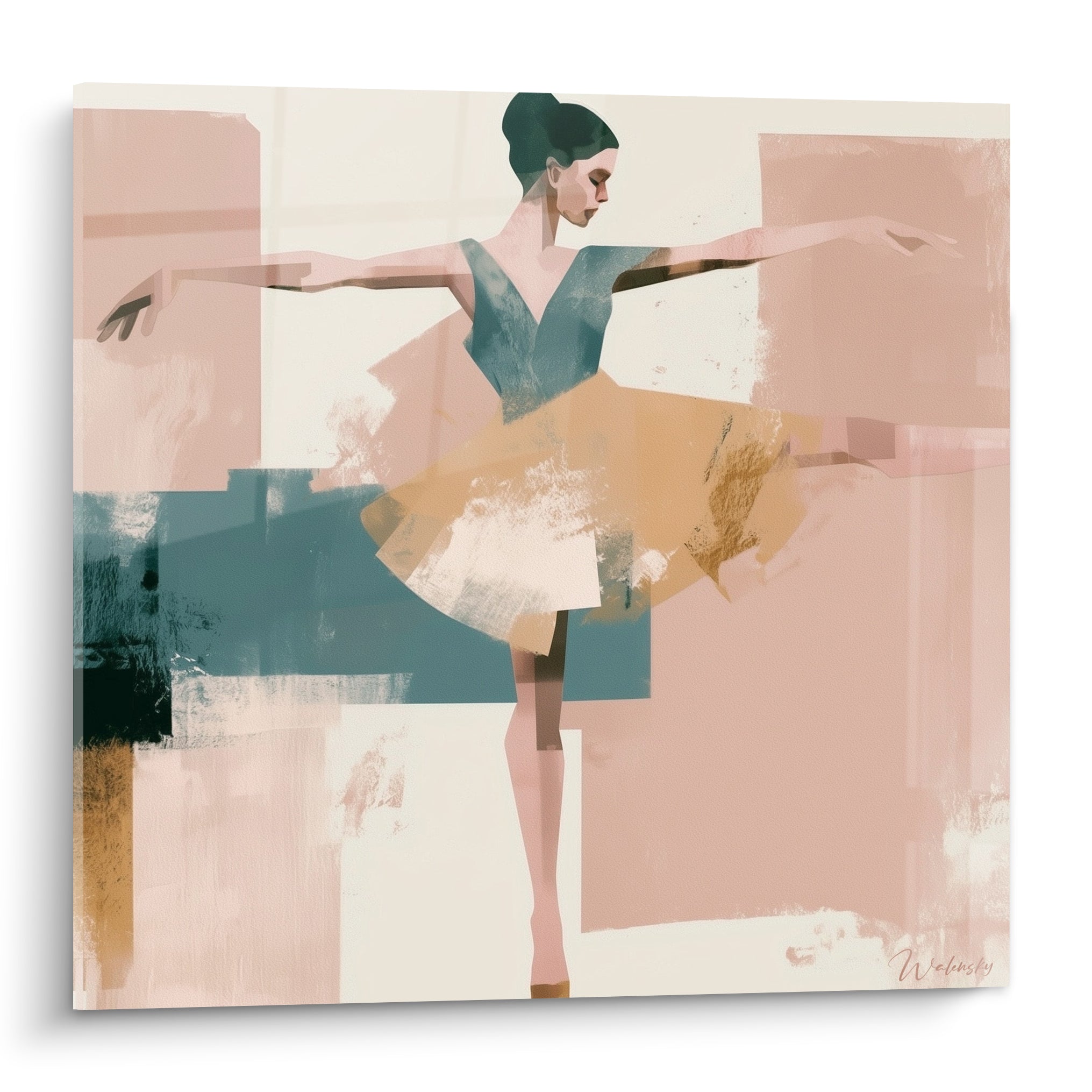 Danseuse abstraite en arabesque, corsage bleu canard et tutu ocre sur fond rose poudré