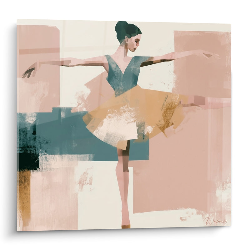 Tableau Ballerine rose poudré et bleu canard - Grâce en suspens - Edition Danseuse abstrait
