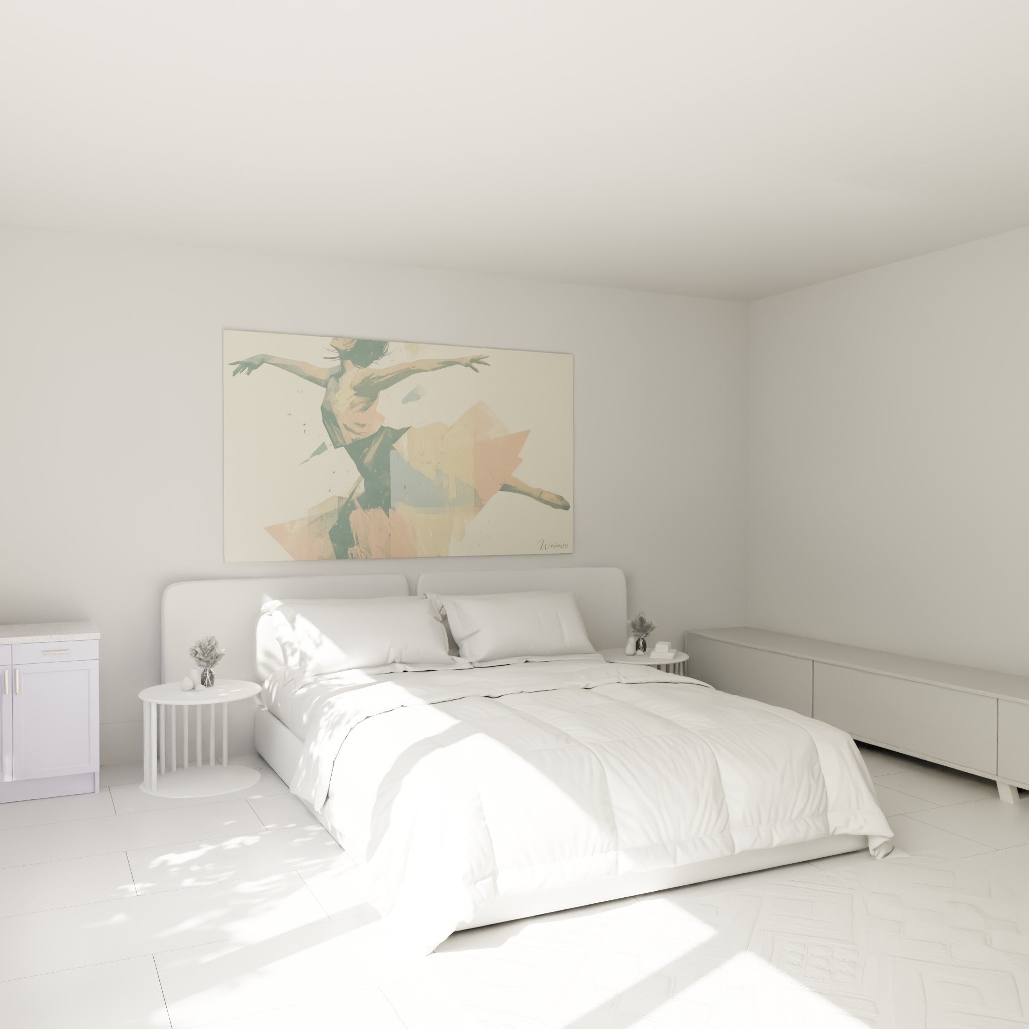 Silhouette en envol aux teintes rose poudré et bleu pastel, accrochée au-dessus d'un lit dans une chambre claire
