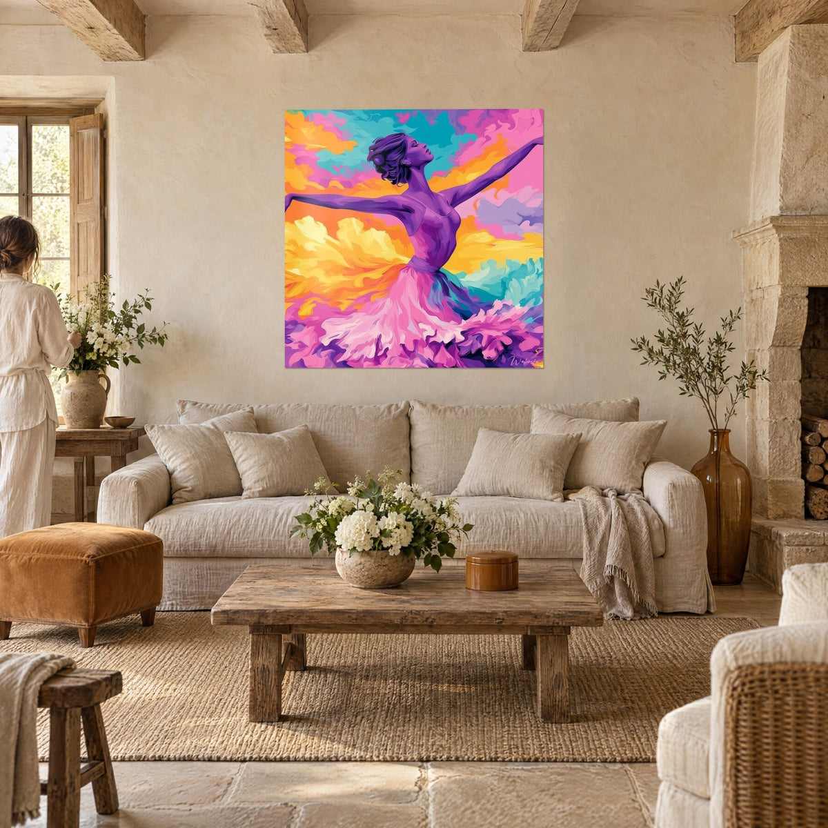 Tableau ballerine violette bras ouverts, tutu rose froissé, nuages orange et turquoise, au-dessus d'un canapé dans un salon lumineux