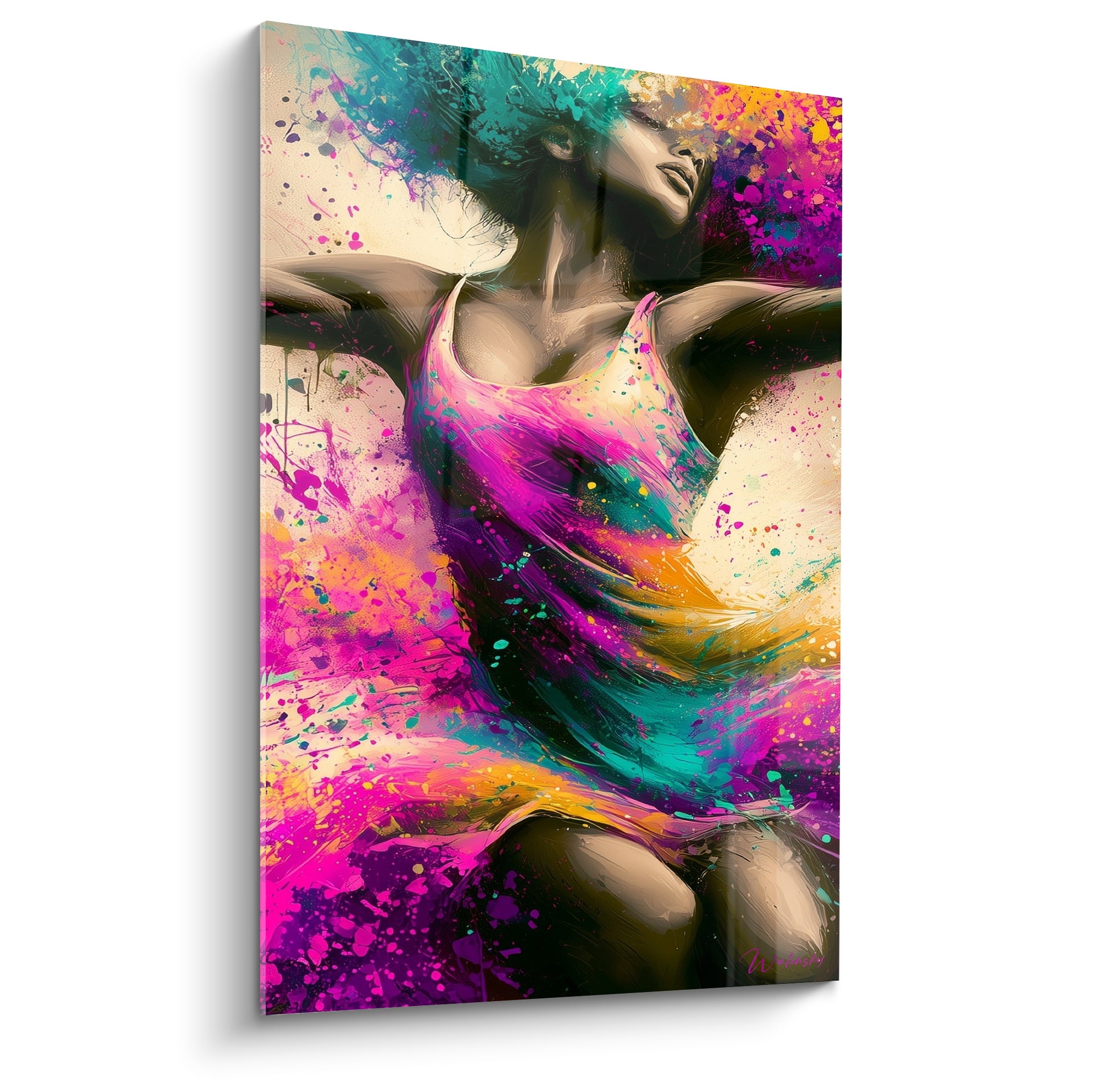 Danseuse abstrait aux bras déployés, robe fuchsia et turquoise éclaboussée de peinture