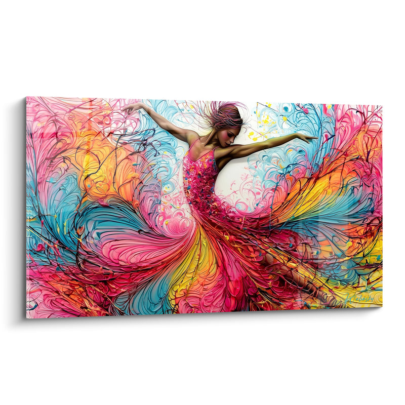 Tableau Danseuse robe rose et turquoise aux plumes filigranées - Chevelure brune dénouée - Edition Danseuse abstrait