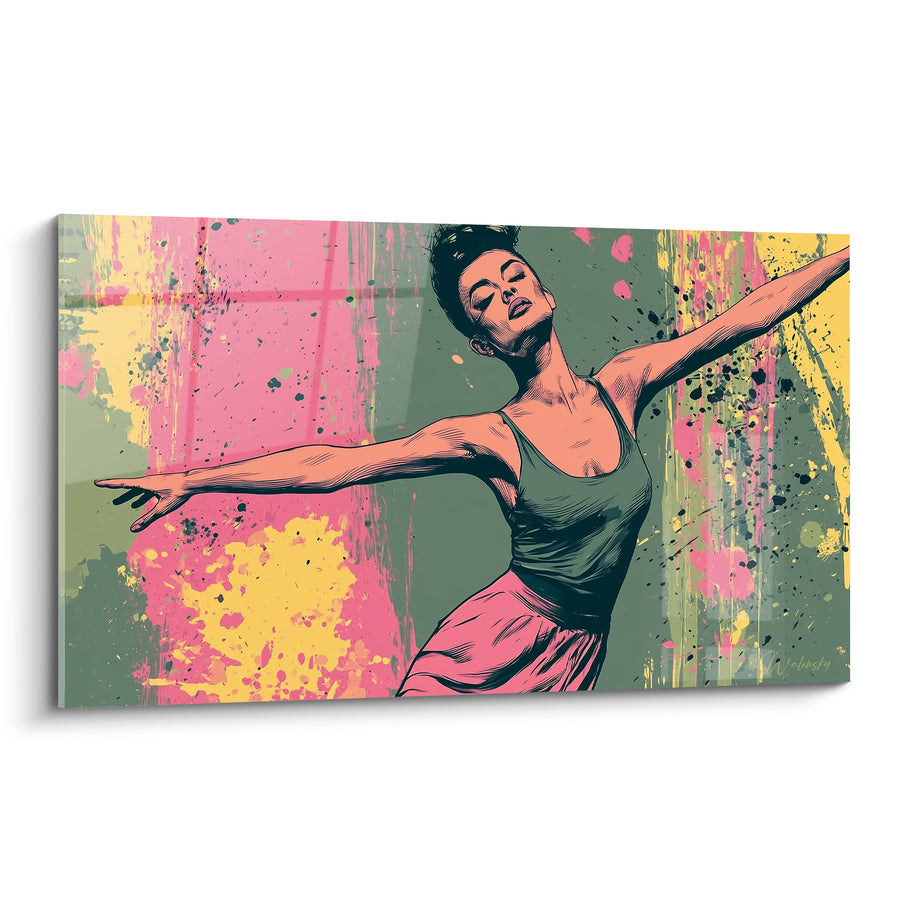 Tableau Danseuse jupe rose et vert aux éclaboussures jaunes - Bras étirés horizontalement - Edition Danseuse abstrait