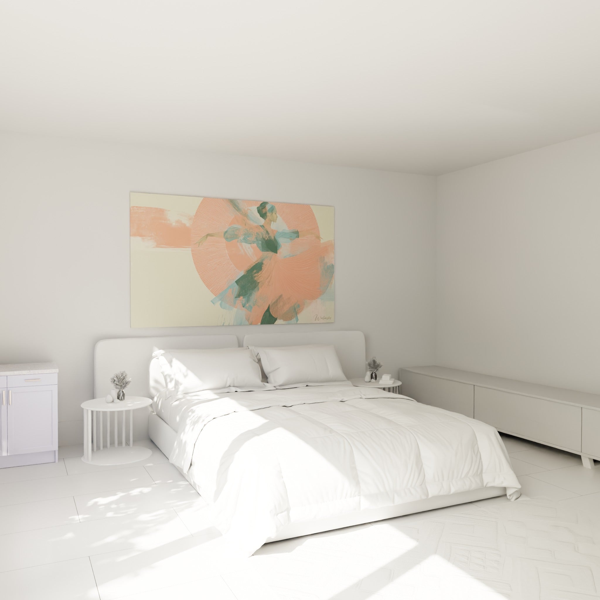 Silhouette de danseuse en corail et bleu pétrole, bras tendus, accrochée au-dessus d'un lit dans une chambre claire