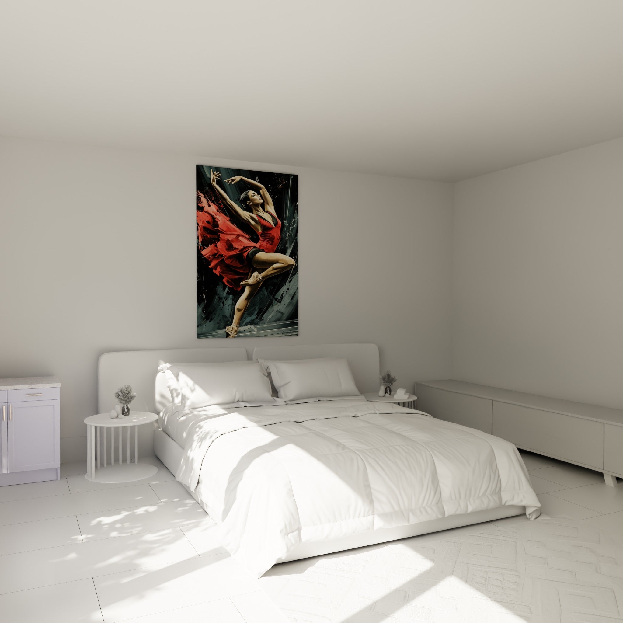Ballerine en plein saut, robe rouge vif et fond anthracite, au-dessus d'un lit dans une chambre claire