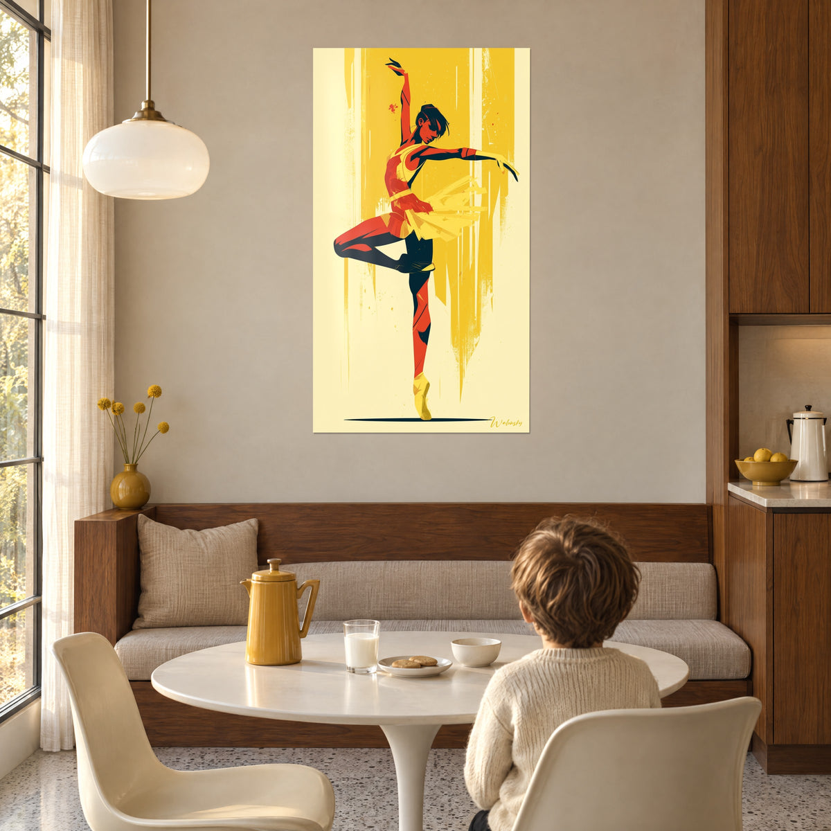 Quadro figura di danza stilizzata, sfondo striato di colature giallo vivo su crema, gamba piegata rossa e nera, un bambino di spalle a un tavolo