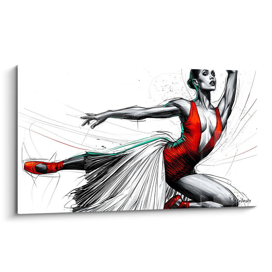 Tableau Danseuse justaucorps rouge et blanc jupe plissée - Pointes rouges tendues - Edition Danseuse abstrait