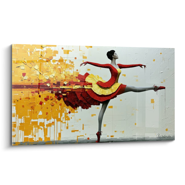 Painting Ballerina Tutu Red and Yellow with Golden Shimmers - Leg in Arabesque - Abstract Ballerina Edition