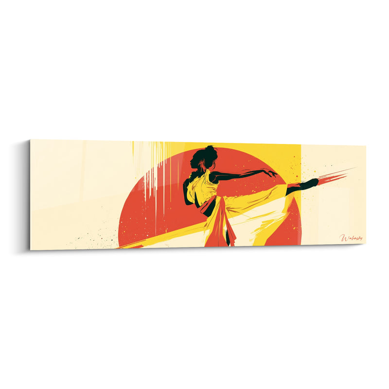 Tableau Danseuse jaune et rouge au disque solaire - Coulures verticales crème - Edition Danseuse abstrait