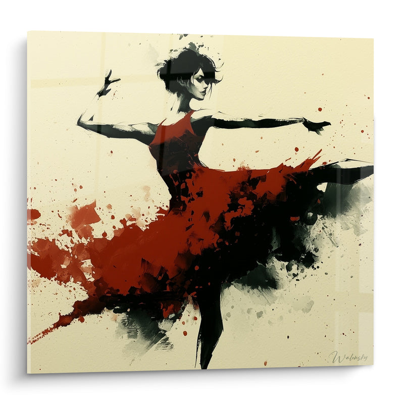 Tableau Danseuse rouge et noire aux éclaboussures d'encre - Envol théâtral - Edition Danseuse abstrait