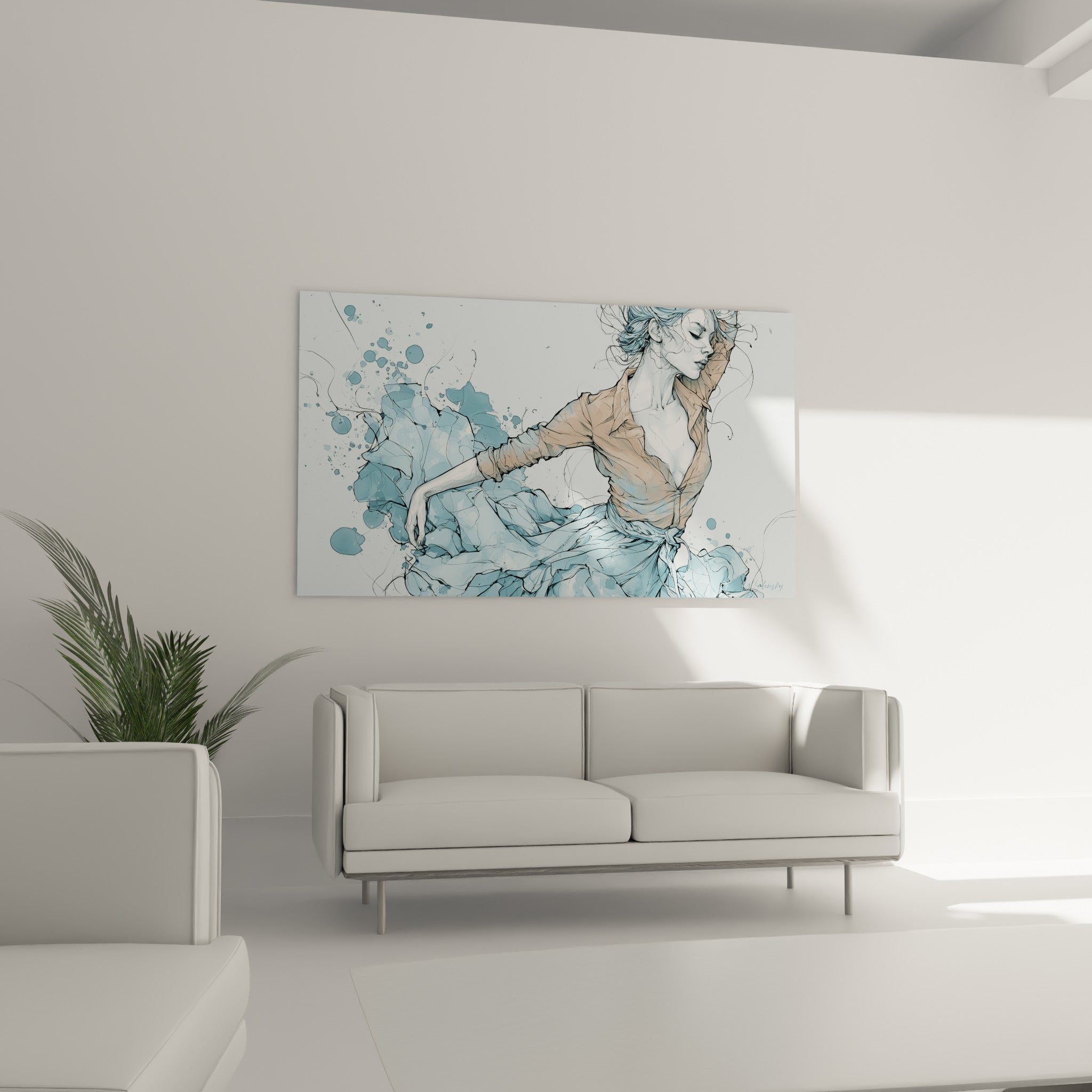 Geste gracieux de la danseuse aux tons bleu ciel et terracotta au-dessus d'un canapé dans un salon lumineux