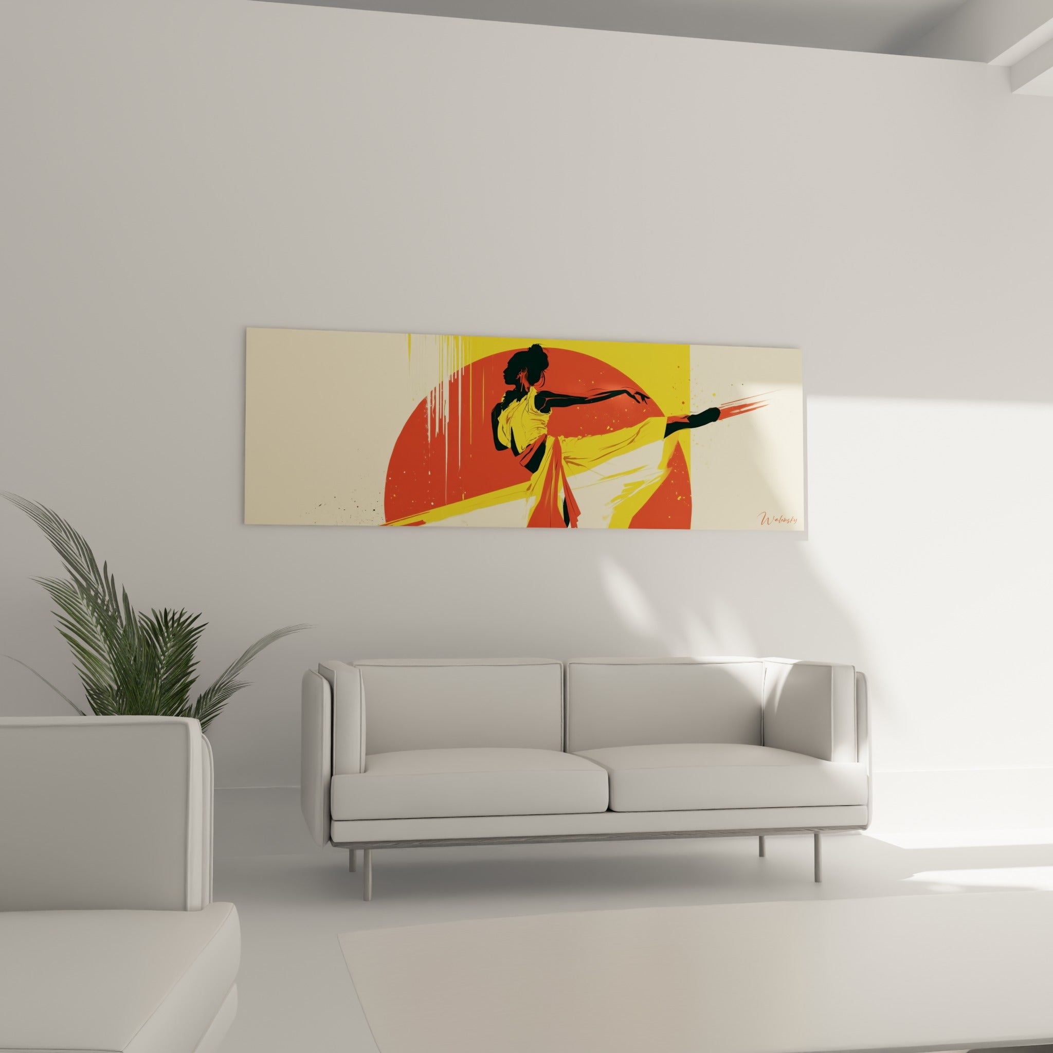Figure de danseuse abstrait en plein élan, tons rouge orangé, au-dessus d'un canapé dans un salon lumineux