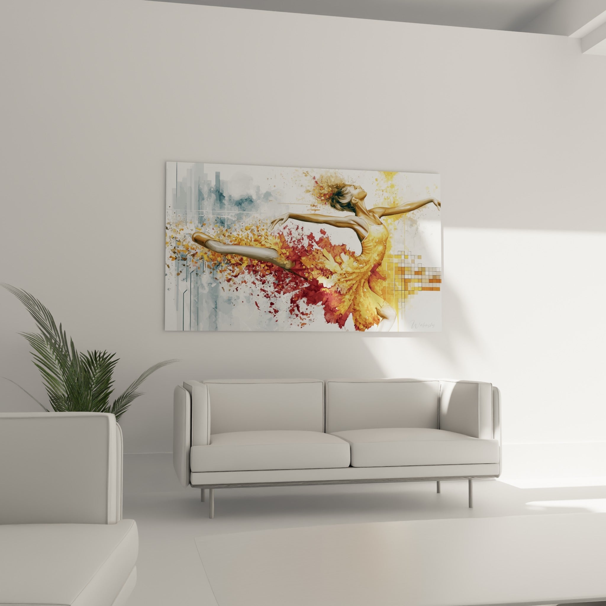 Ballerine aux couleurs cuivrées et bordeaux capturée en plein mouvement, au-dessus d'un canapé dans un salon lumineux