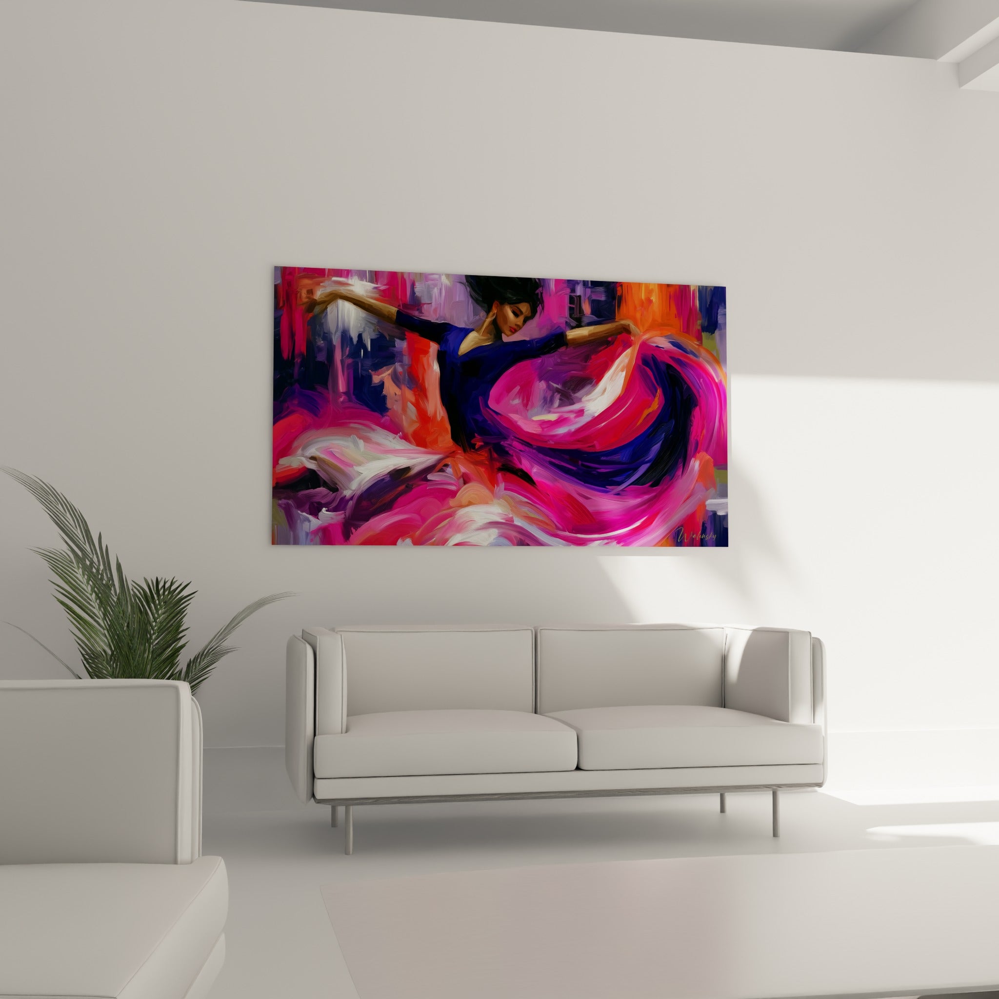 Mouvement de jupe orange et fuchsia d'une danseuse au-dessus d'un canapé dans un salon lumineux