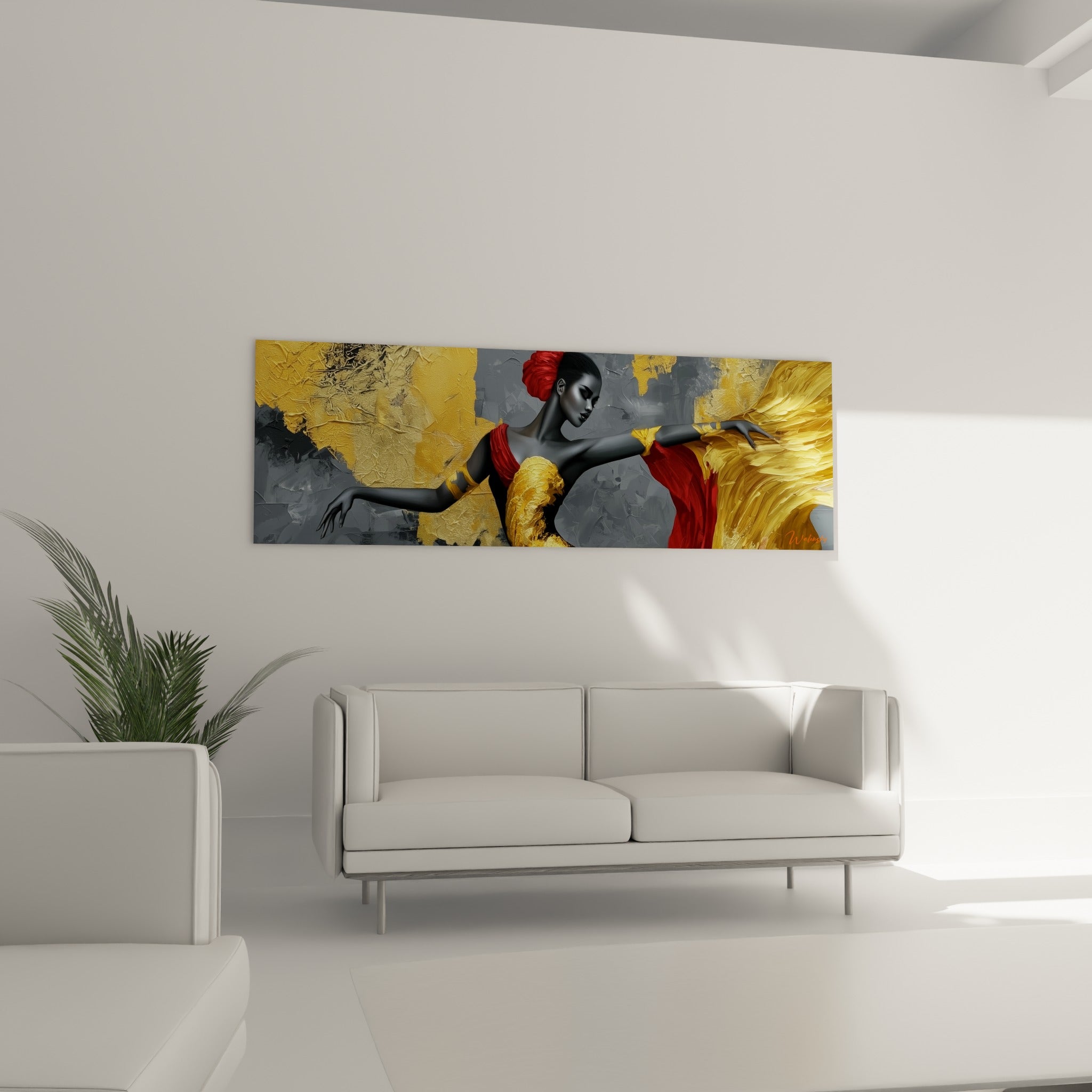 Mouvement flamenco de la Danseuse abstrait en gris et or au-dessus d'un canapé dans un salon lumineux