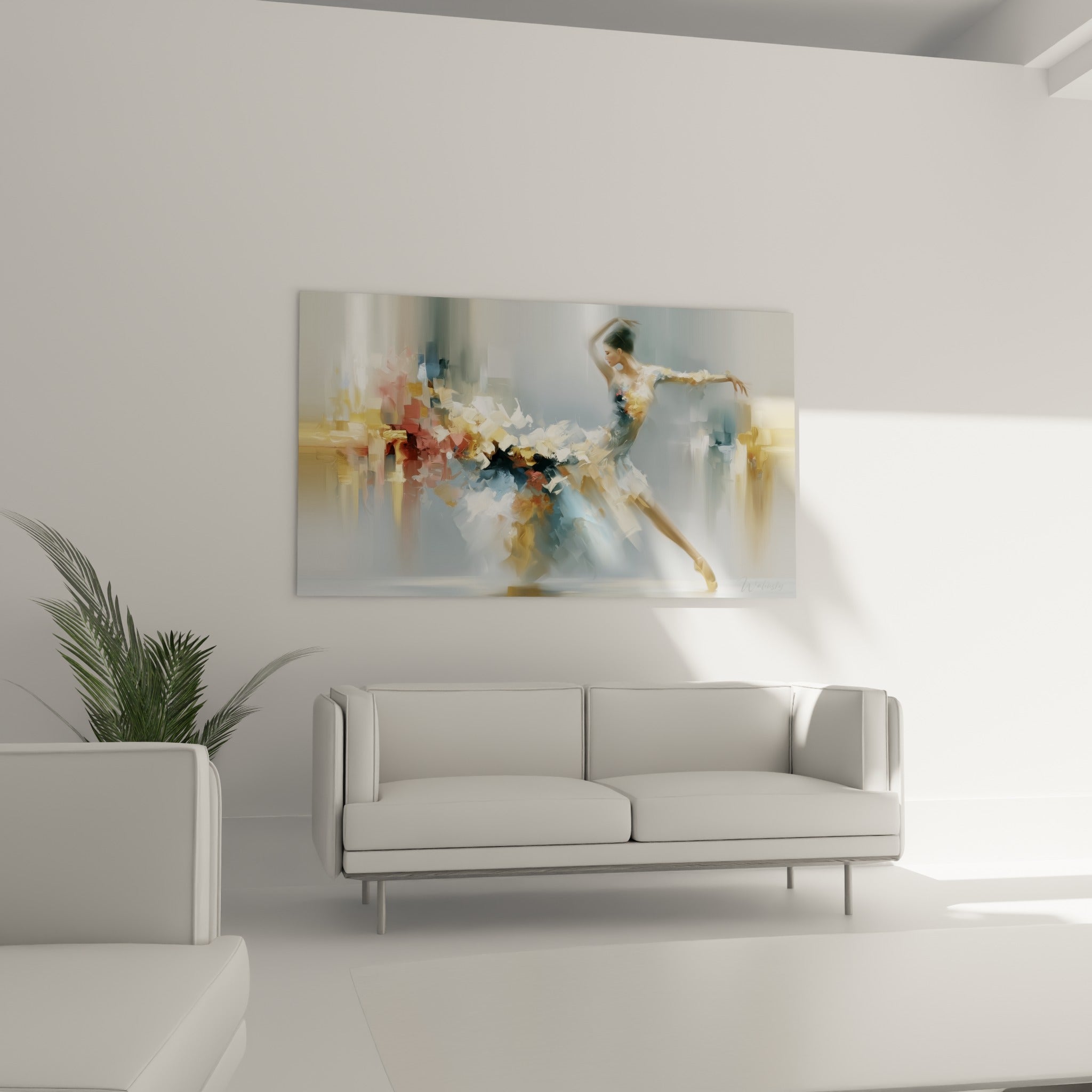 Silhouette gracile aux nuances dorées et bleu ardoise, au-dessus d'un canapé dans un salon lumineux
