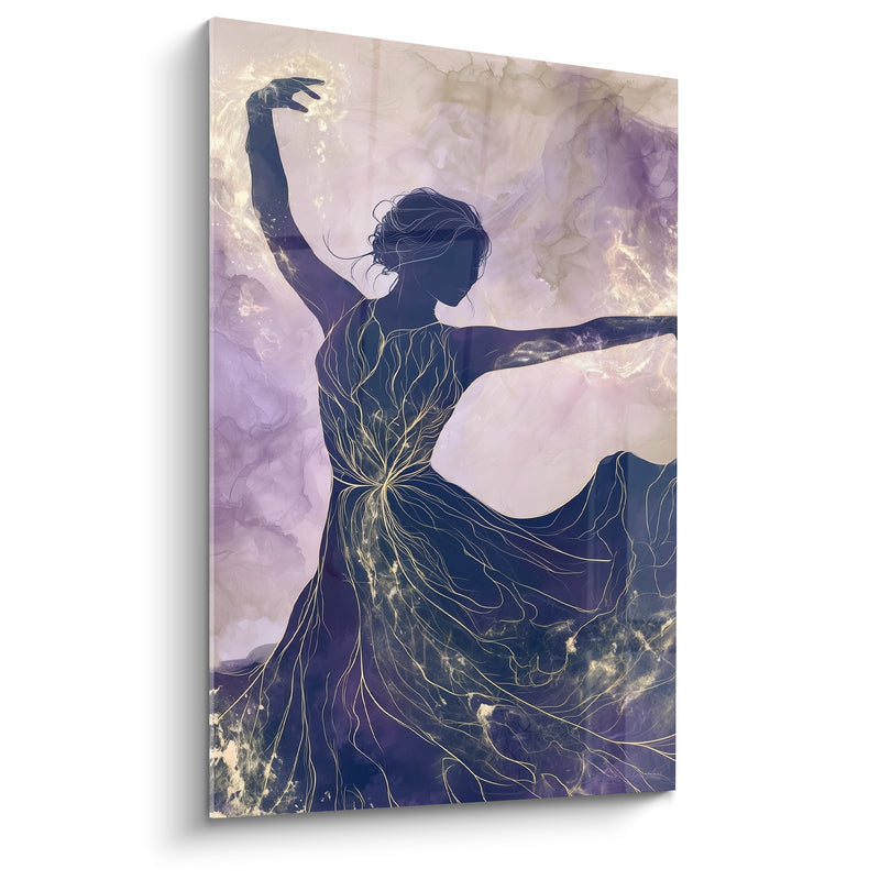 Tableau Danseuse silhouette violette et dorée aux nervures lumineuses - Bras levés fluides - Edition Danseuse abstrait
