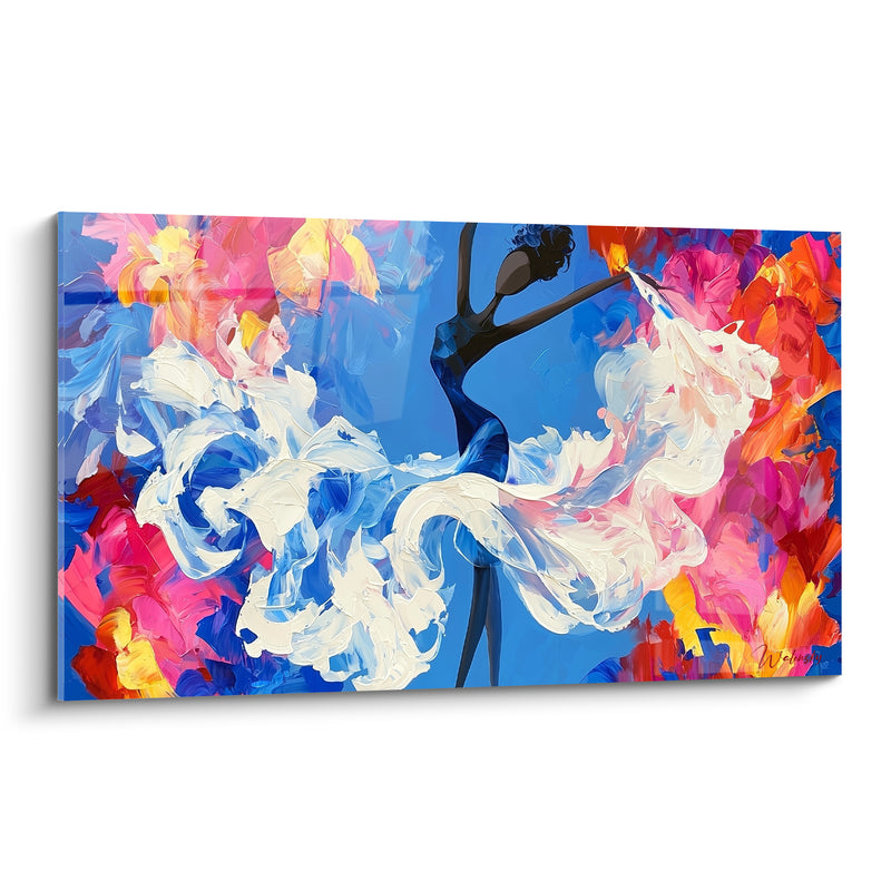 Tableau Silhouette bleu marine et blanche aux vagues d'écume - Fleurs roses en bordure - Edition Danseuse abstrait