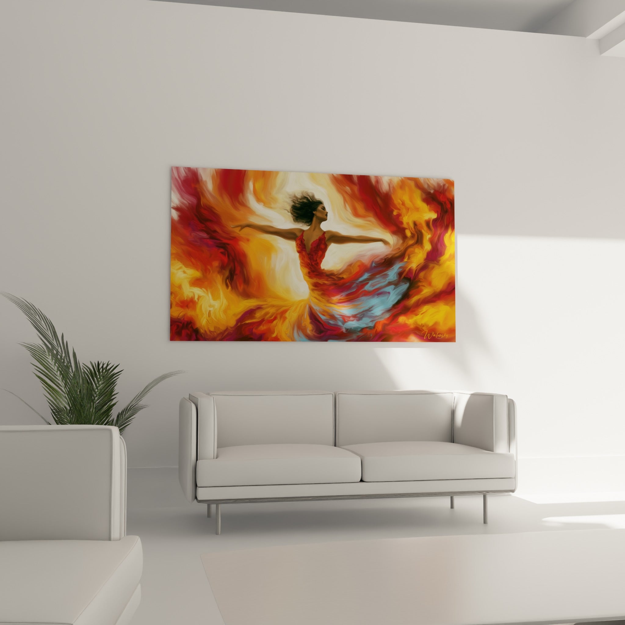 Figure féminine dansant parmi des flammes orange et bleu turquoise, disposée au-dessus d'un canapé dans un salon lumineux