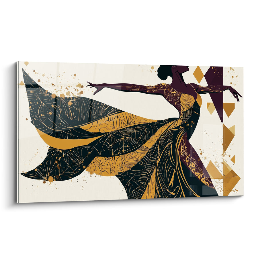 Tableau Danseuse robe noire et dorée aux motifs feuillus - Losanges géométriques latéraux - Edition Danseuse abstrait