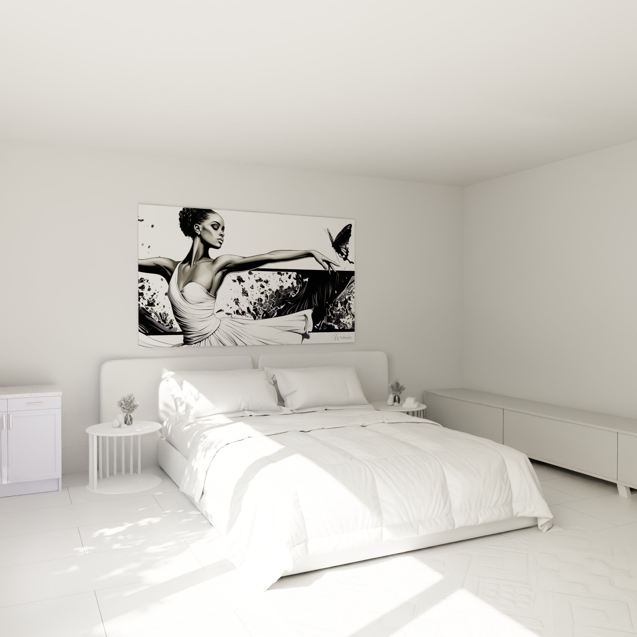 Silhouette gracieuse en noir et blanc, robe fluide, papillon anthracite, au-dessus d'un lit dans une chambre claire