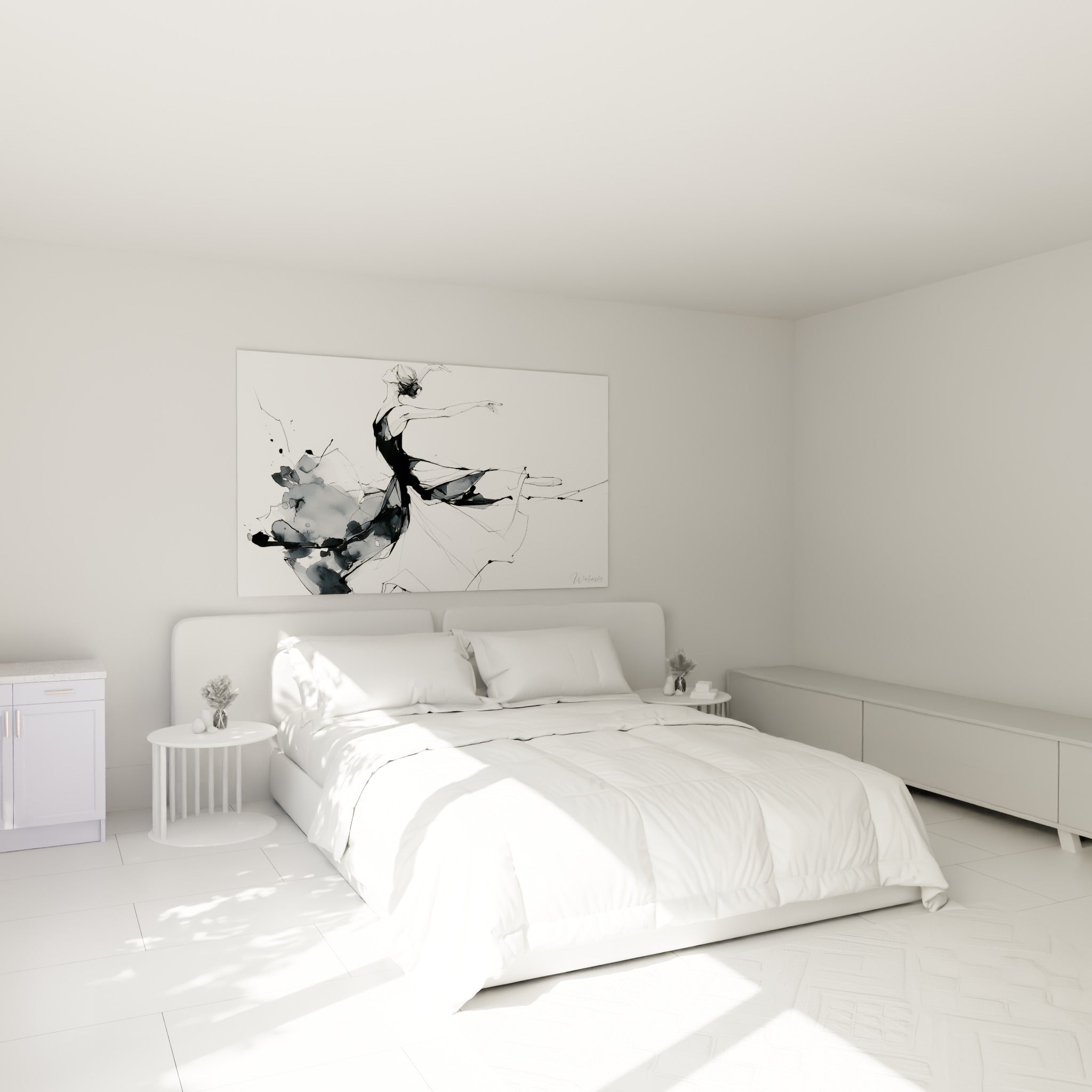 Silhouette cambrée d'une danseuse abstrait en noir et gris, au-dessus d'un lit dans une chambre claire