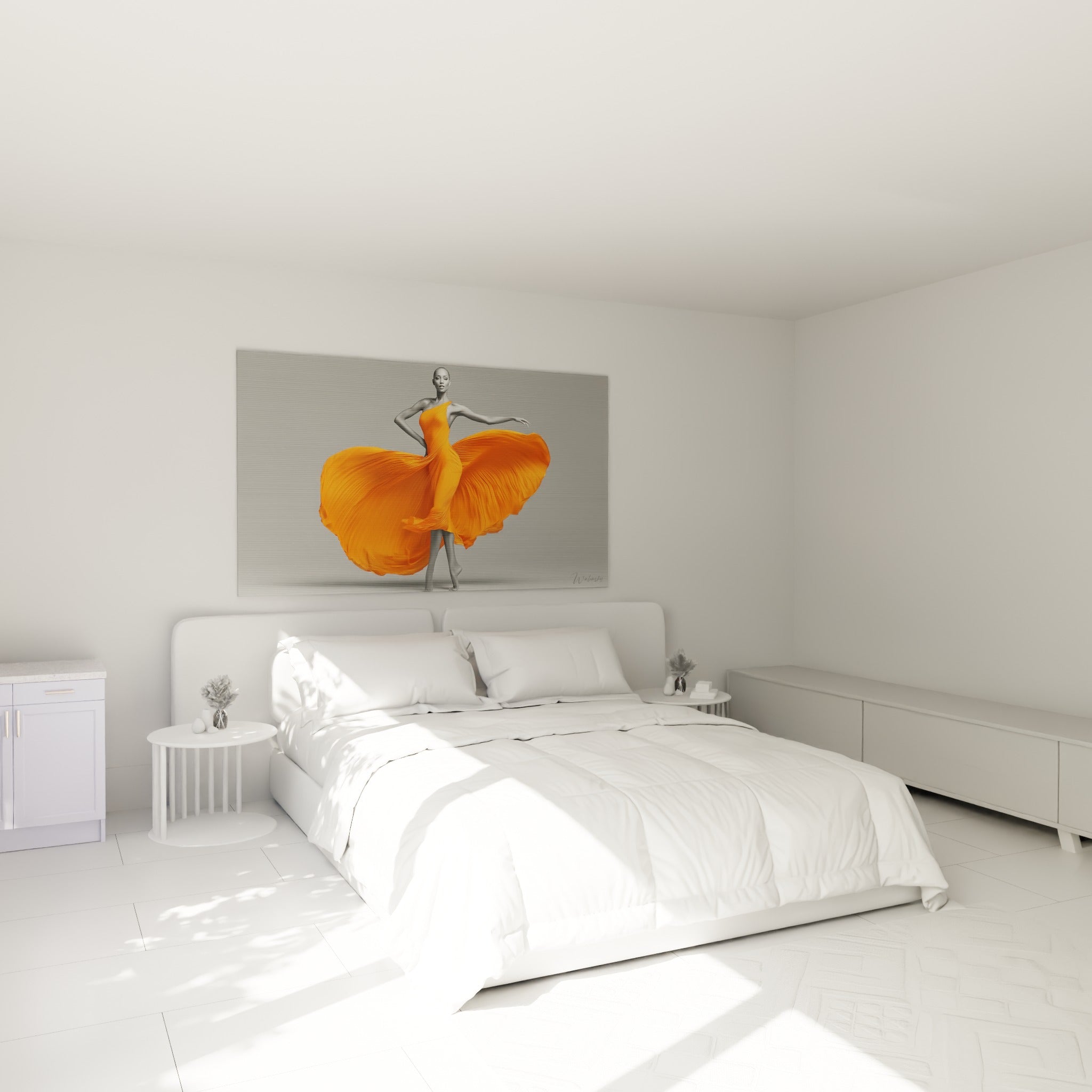 Silhouette grisée à la robe orange tournoyante, œuvre danseuse abstrait au-dessus d'un lit dans une chambre claire