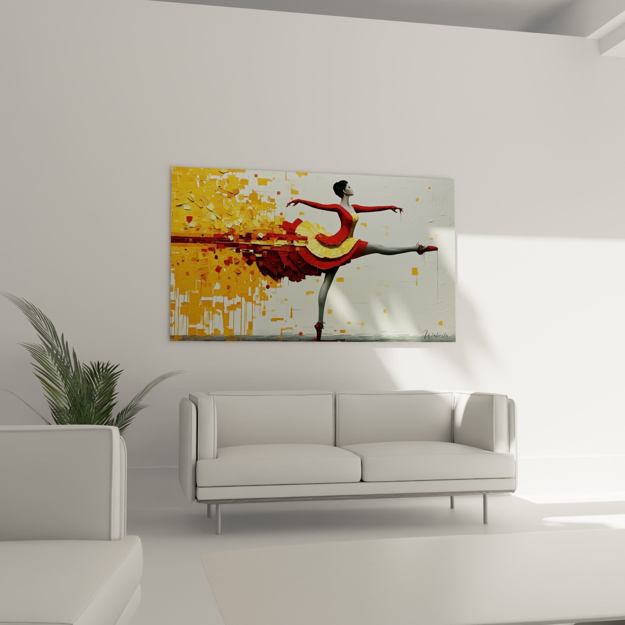 Silhouette gracile en rouge et jaune, danseuse abstrait au-dessus d'un canapé dans un salon lumineux